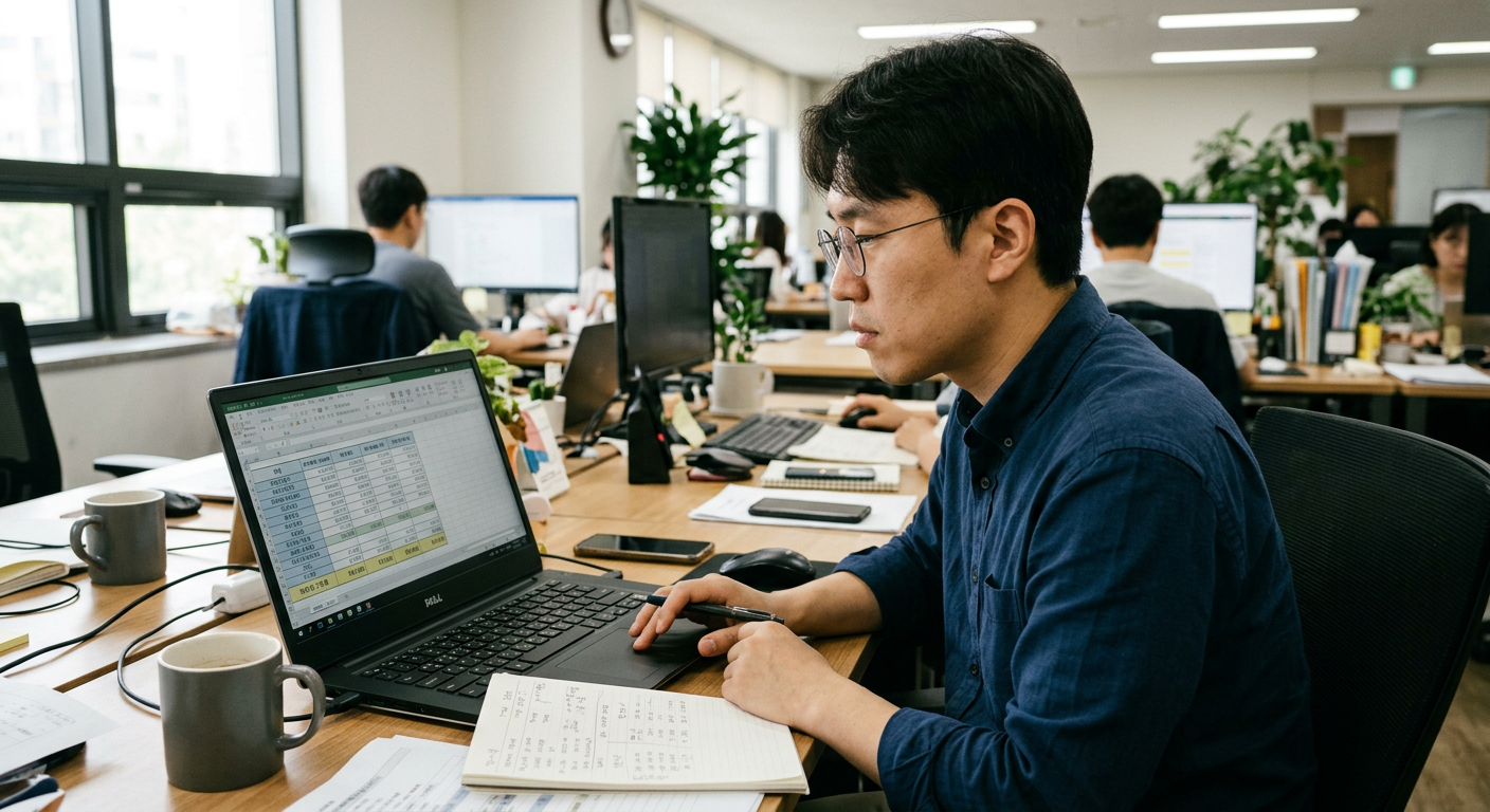 30대 남성 직장인이 노트북 화면으로 경차의 상세 비교견적서를 대조하며 분석하는 모습 기아 모닝 장기렌트