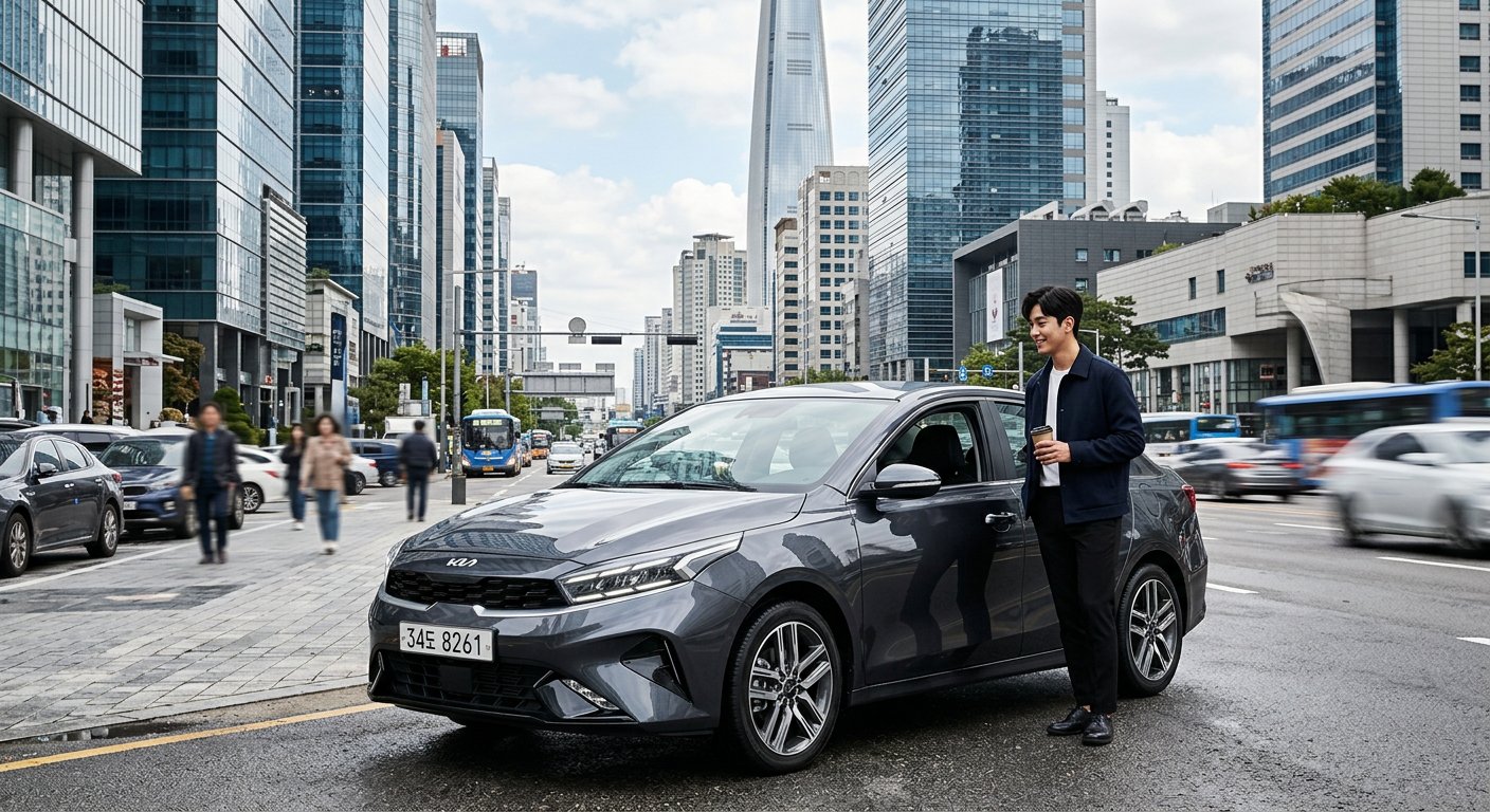 현대적인 빌딩 숲을 배경으로 세련된 디자인의 준중형 세단 기아 K3가 정차해 있는 역동적인 쿼터뷰 사진 기아 K3 장기렌트