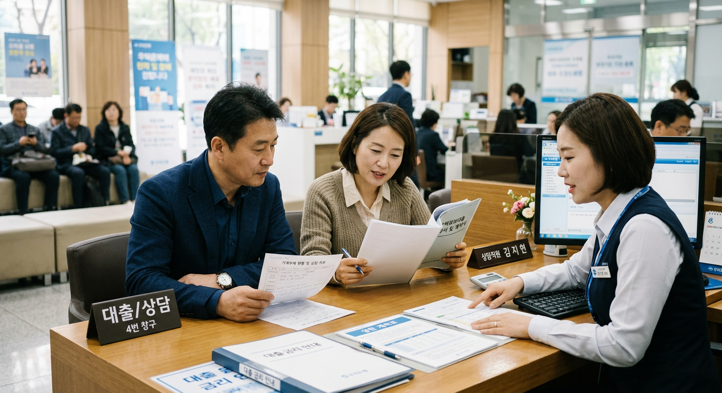 주택담보대출 상담을 받기 위해 은행 창구에서 서류를 검토하고 있는 직장인 부부의 모습 자동차리스 DSR 한도