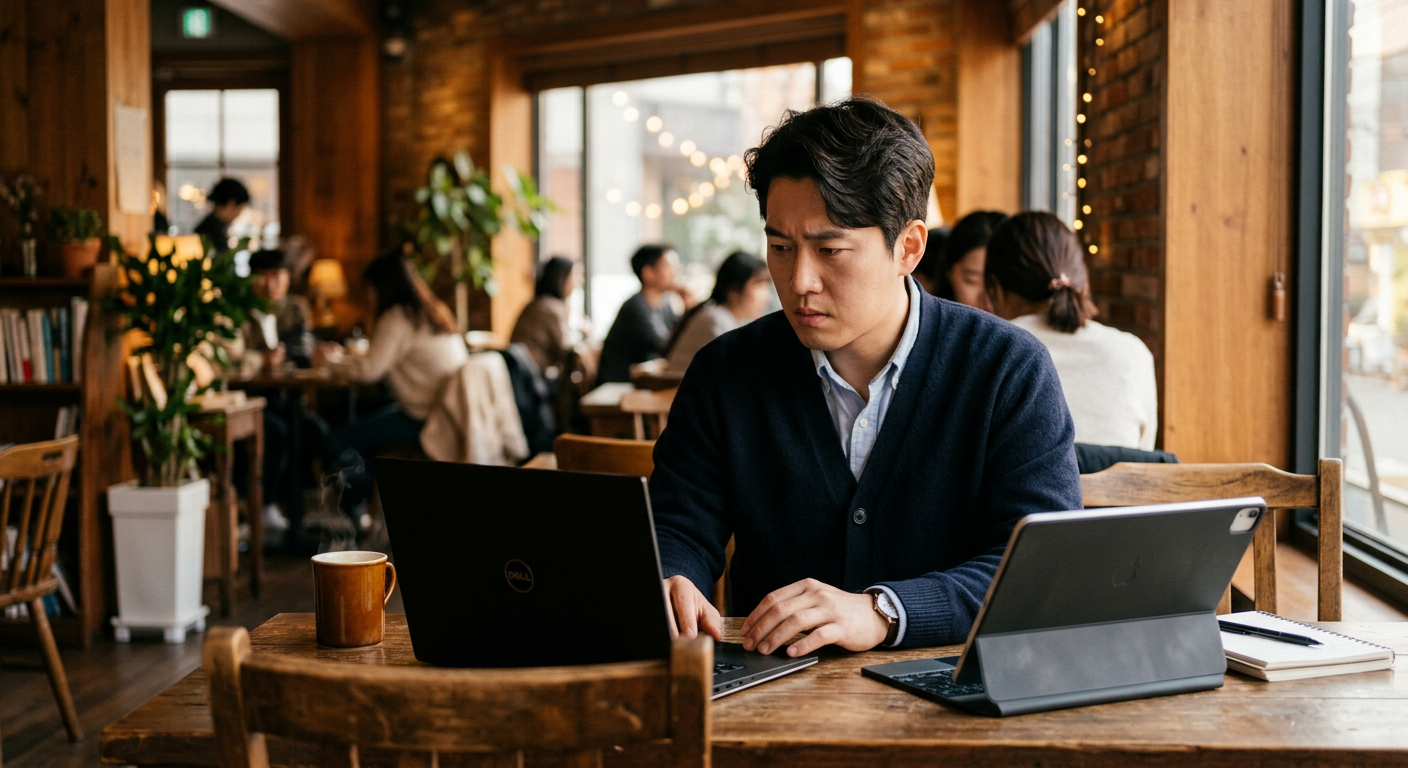 30대 남성 직장인이 카페에서 노트북과 태블릿 PC 화면을 보며 진지하게 고민하는 모습, 따뜻하고 신뢰감 있는 톤 장기렌트 계약 주의사항