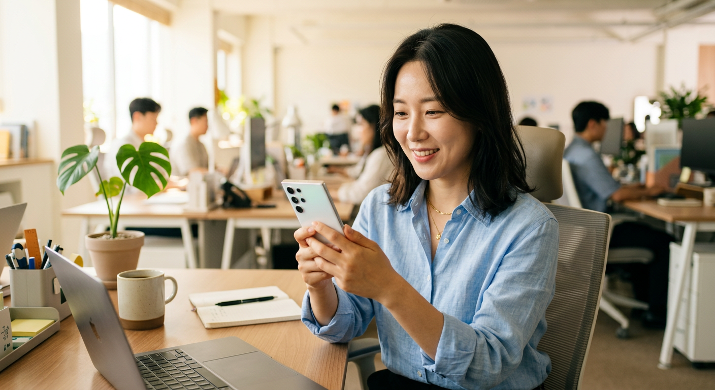30대 직장인이 스마트폰으로 차나와 앱을 켜고 간편하게 견적을 조회하는 밝은 톤의 연출 사진 차나와 비교견적
