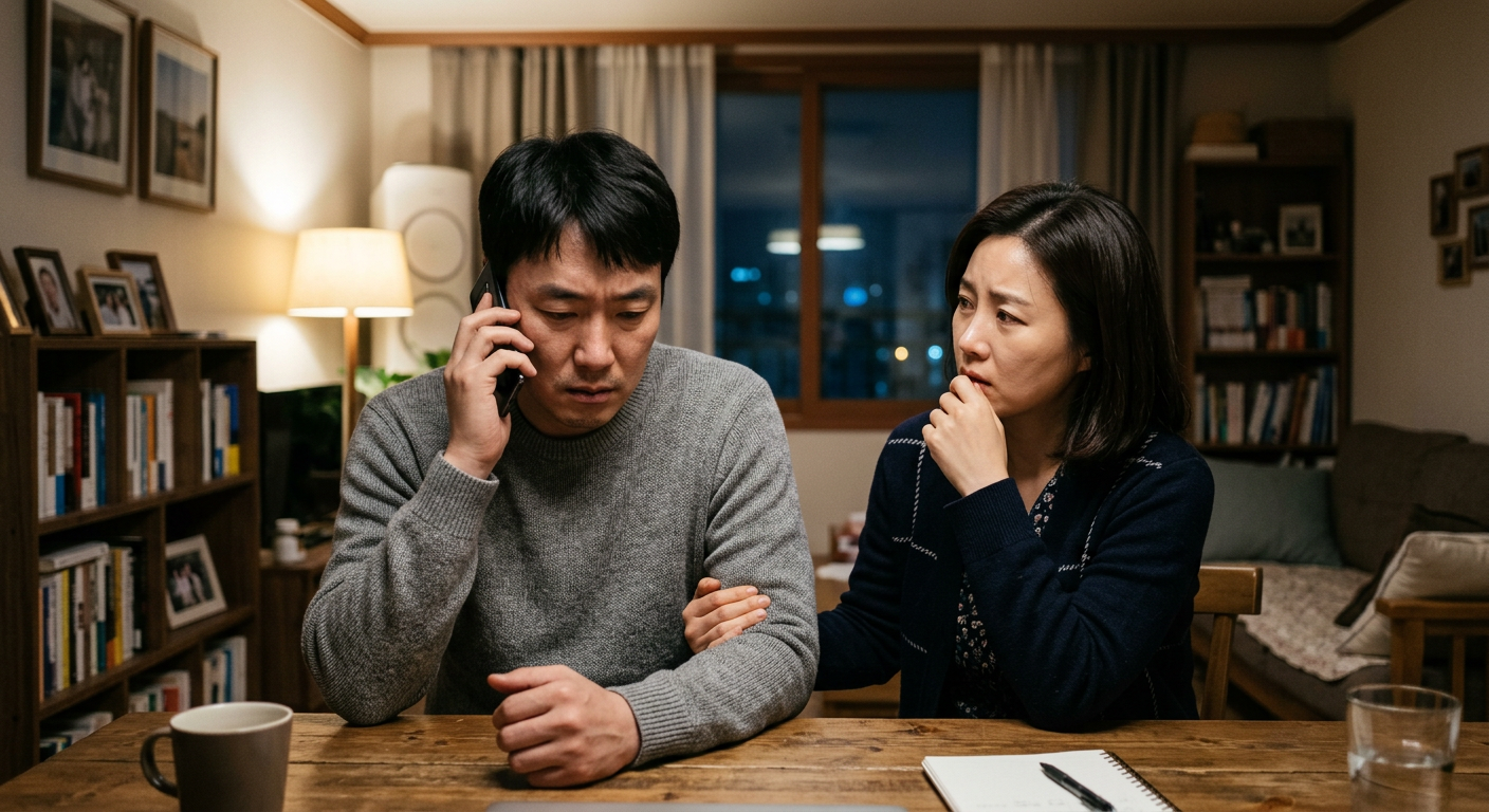 심사 탈락 전화를 받고 고민에 빠진 남성과 옆에서 걱정스럽게 바라보는 배우자의 모습 차나와 무심사 장기렌트