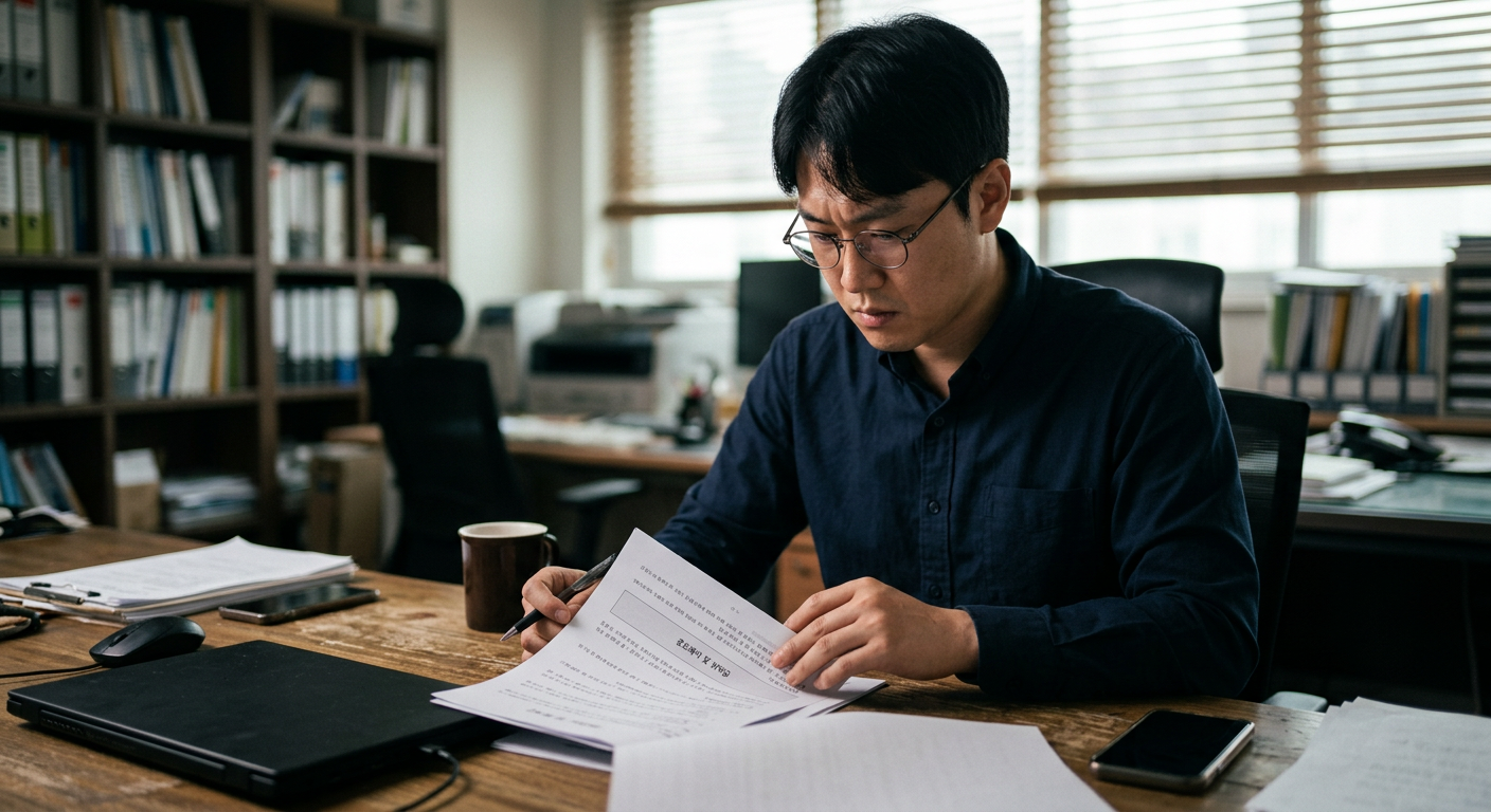 계약서를 진지하게 검토하며 장기렌트 중도해지 위약금 조항을 살피는 30대 남성의 모습