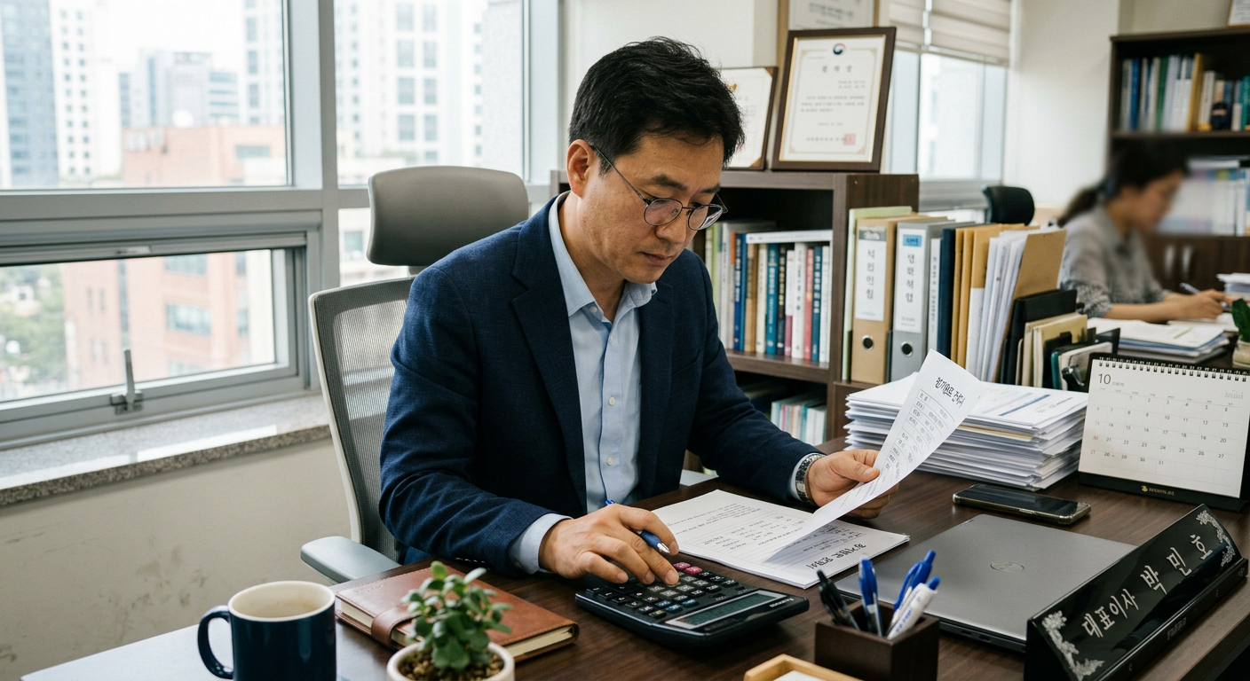 40대 대표님이 사무실 책상에서 장기렌트 견적서를 보며 계산기를 두드리는 모습 개인사업자 장기렌트 비용처리