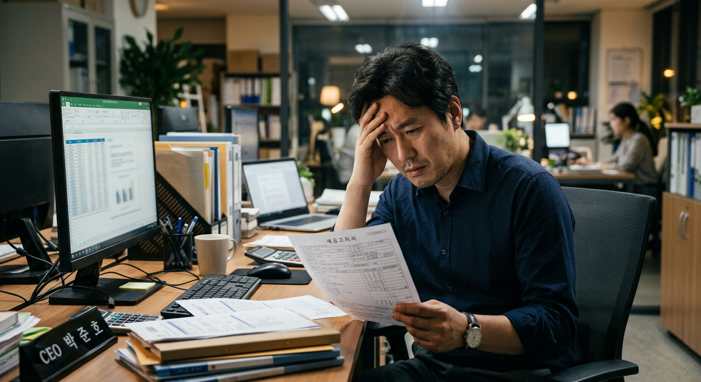 사무실 책상에서 세금 고지서를 보며 깊은 고민에 빠진 40대 남성 사업가의 모습 사업자 장기렌트 비용처리