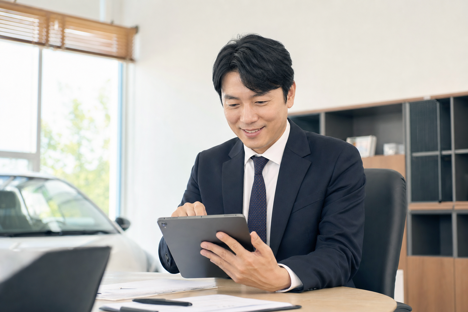 14년 업력의 자동차 금융 전문가가 태블릿을 보며 신뢰감 있는 미소를 짓는 모습 장기렌트 정비포함
