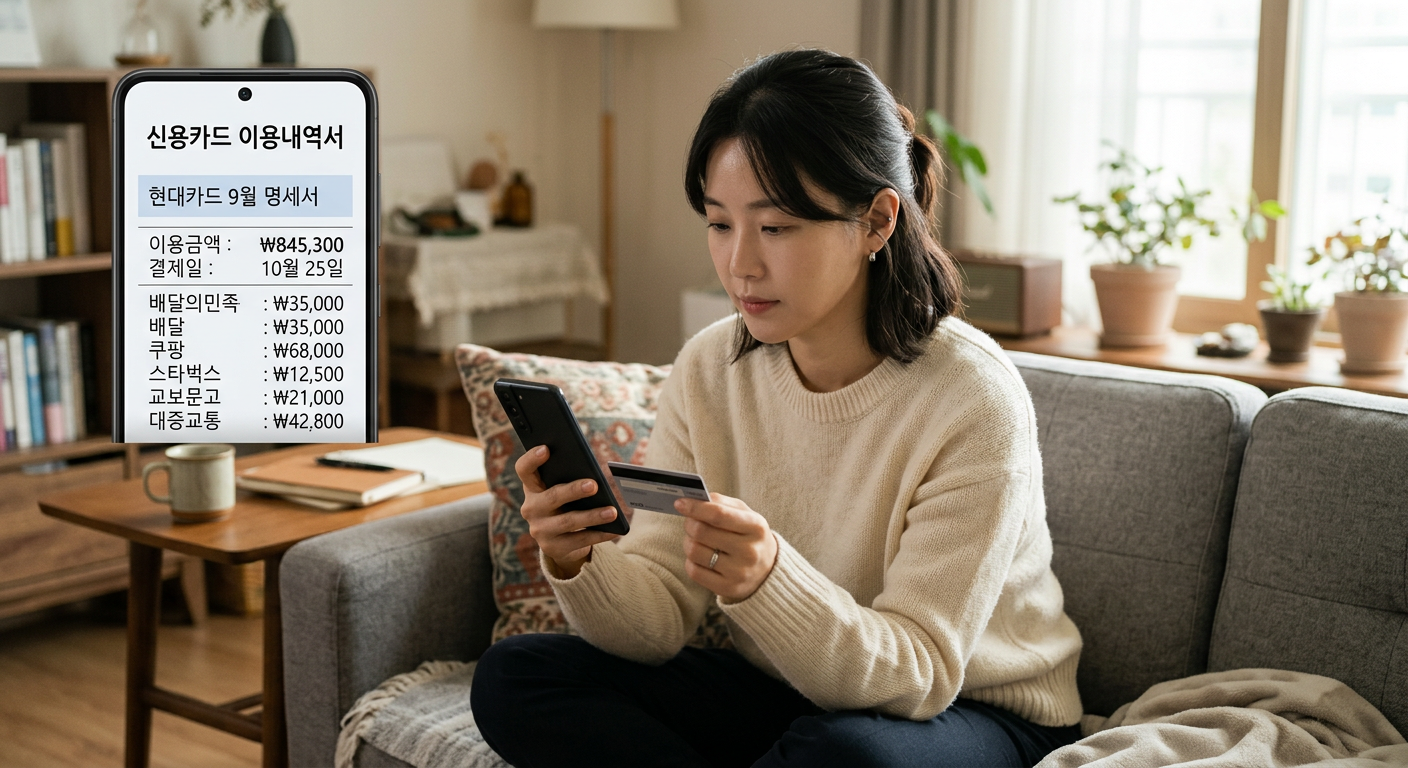 거실 소파에 앉아 스마트폰으로 신용카드 월간 명세서를 꼼꼼히 확인하고 있는 30대 여성의 차분한 모습 무직자 장기렌트 조건