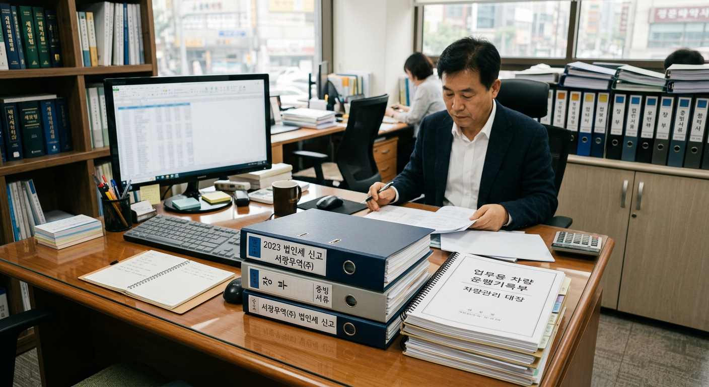 깔끔하게 정리된 법인 세무 장부와 업무용 차량 서류가 놓여 있는 세무사 사무실 전경 법인 장기렌트 비용처리