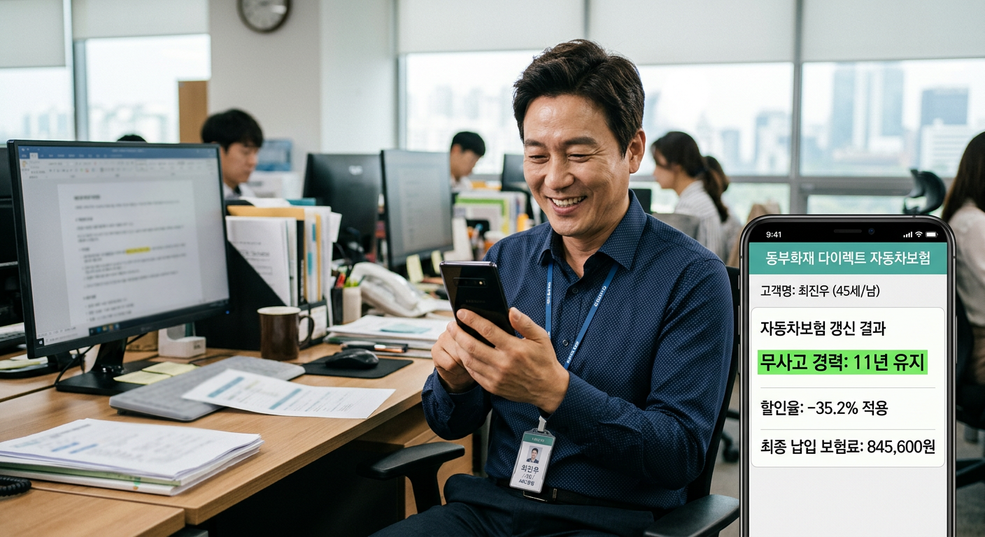 40대 직장인이 스마트폰 화면에서 본인의 자동차 무사고 경력과 할인율을 확인하며 안도하는 모습 장기렌트 보험경력 인정