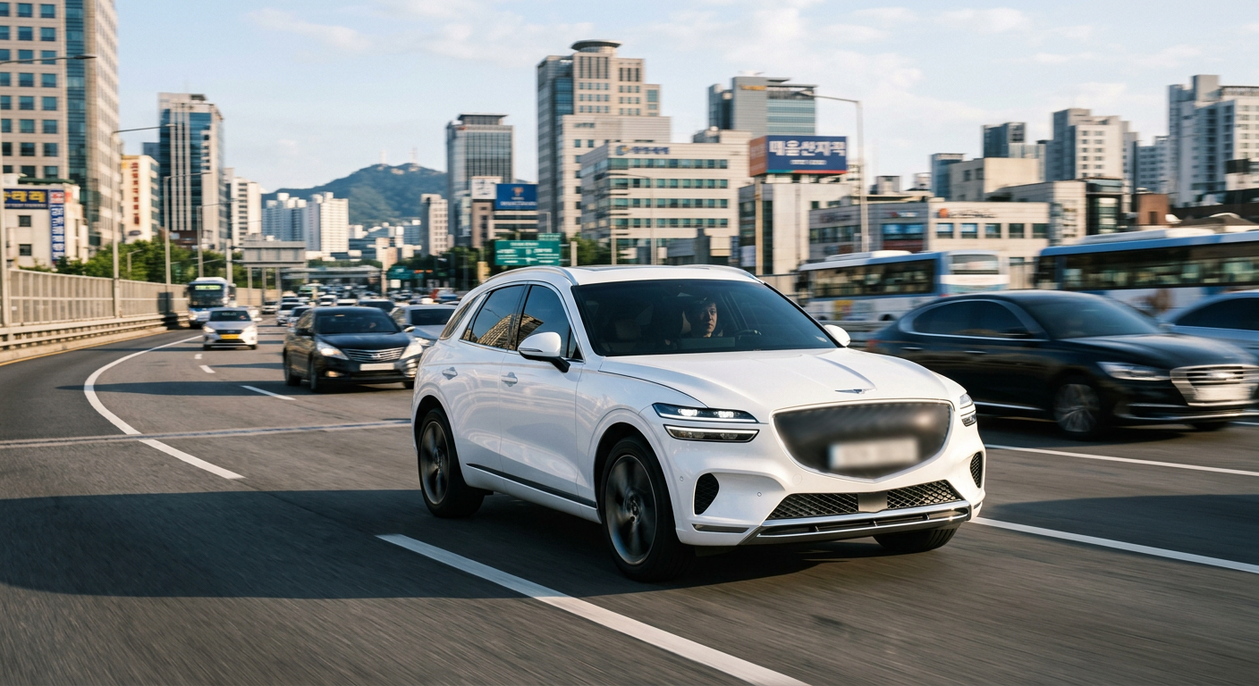 현대적인 도심 도로 위를 달리는 최신 하이브리드 SUV 모델의 역동적인 모습 장기렌트 SUV 추천