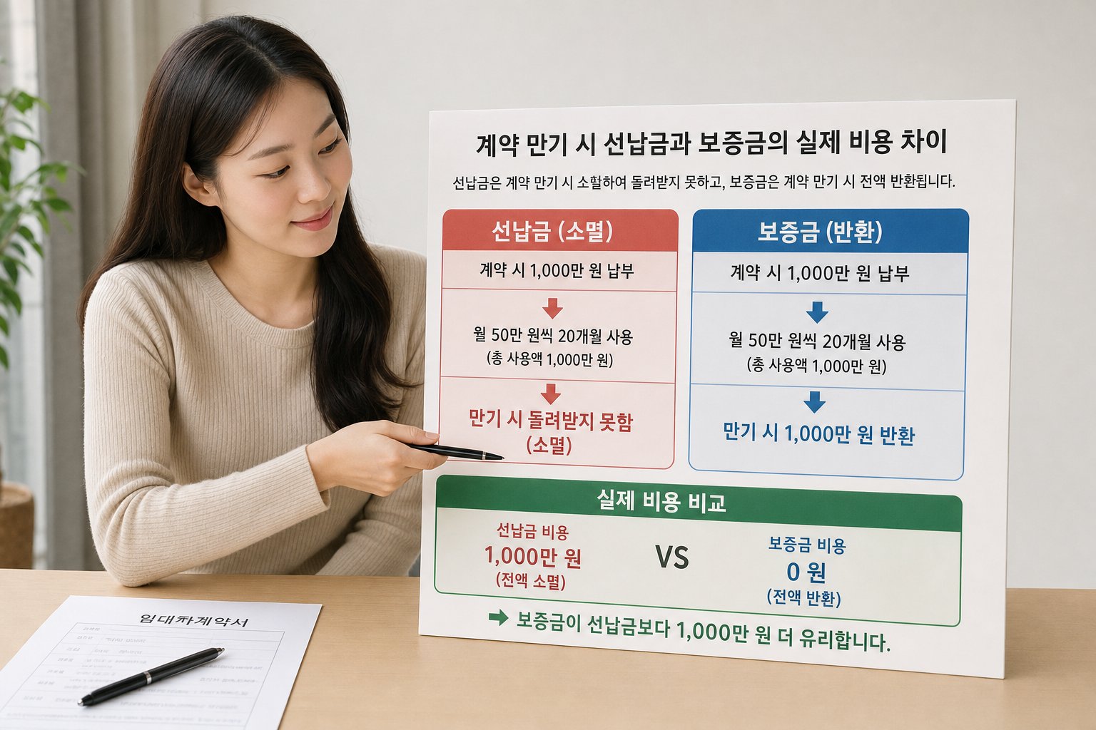 계약 만기 시 소멸하는 선납금과 반환받는 보증금의 실제 비용 차이를 쉽게 보여주는 도표