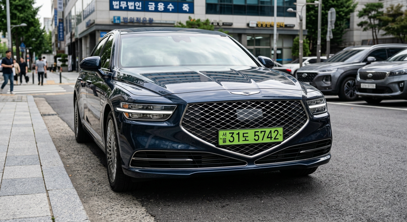 현행 제네시스 G90 차량에 법인 전용 연두색 번호판이 정교하게 부착되어 있는 실제 전면부 모습