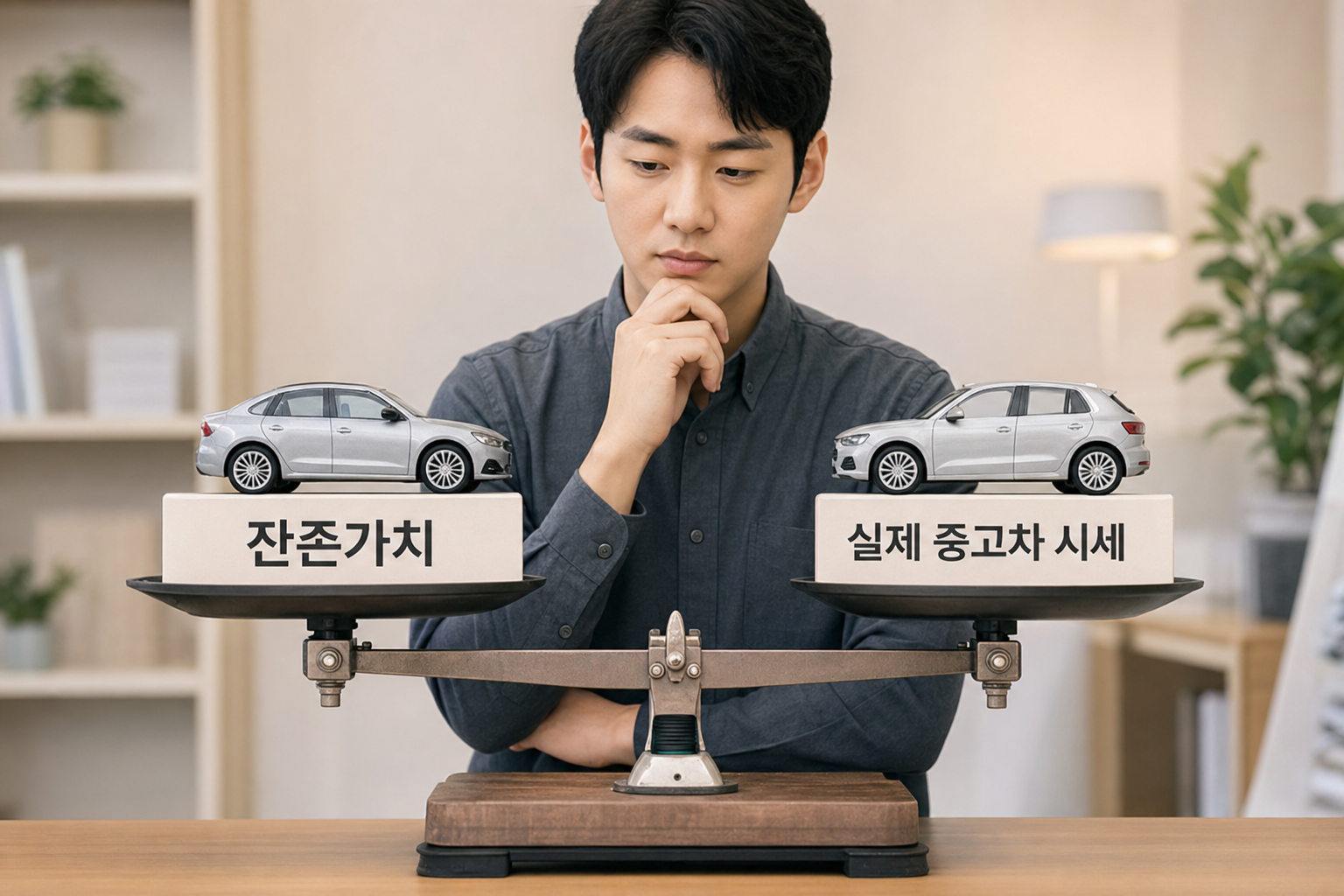 잔존가치와 실제 중고차 시세를 저울에 올려놓고 손익을 판단하는 직관적인 일러스트