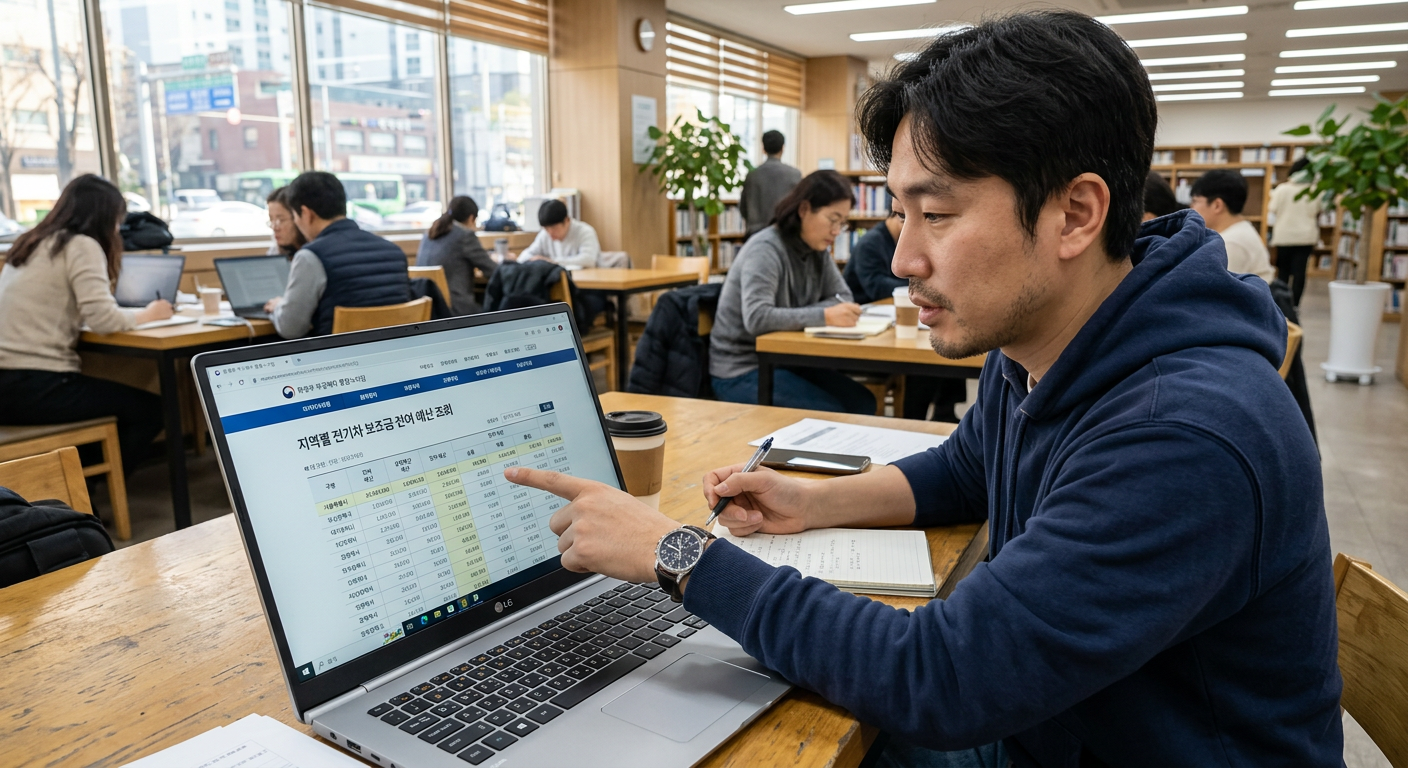 환경부 무공해차 통합누리집 웹사이트의 지역별 전기차 보조금 잔여 예산 조회 화면 예시