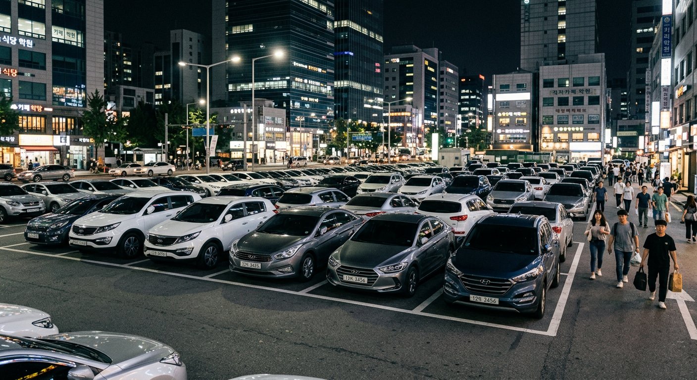 도심 빌딩 야외 주차장에 정차된 준중형 세단과 SUV 차량들의 깔끔한 전경