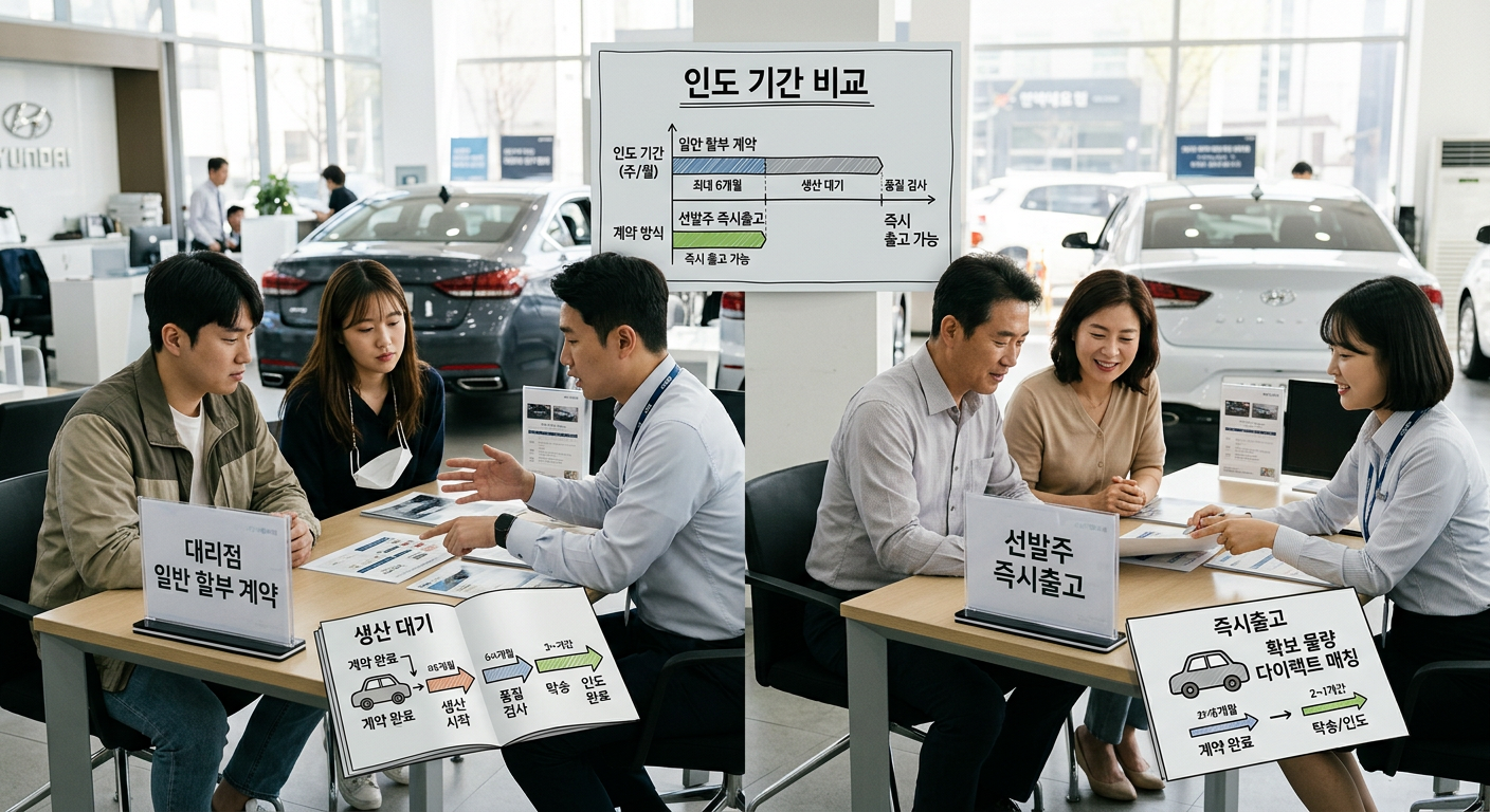 대리점 일반 할부 계약(생산 대기 필요) vs 선발주 즉시출고(확보 물량 다이렉트 매칭) 인도 기간 비교 차트