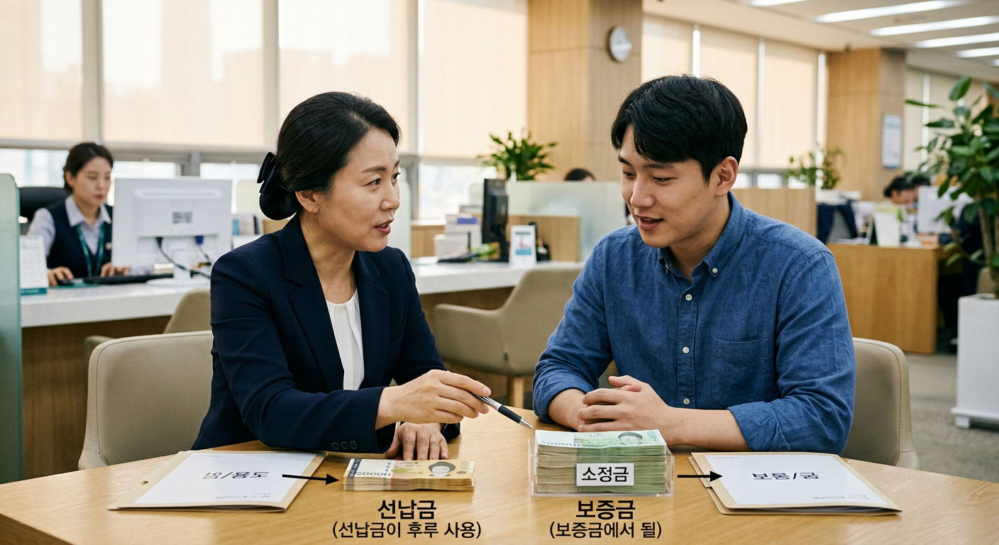 선납금(지출 소멸형)과 보증금(만기 환급형)의 금융 구조 및 흐름 비교 도식