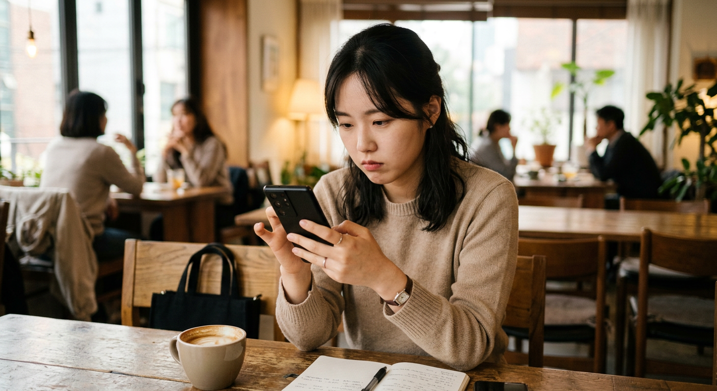 20대 사회초년생이 스마트폰으로 아반떼 장기렌트 월 대여료 조건을 꼼꼼히 살펴보며 고민하는 모습
