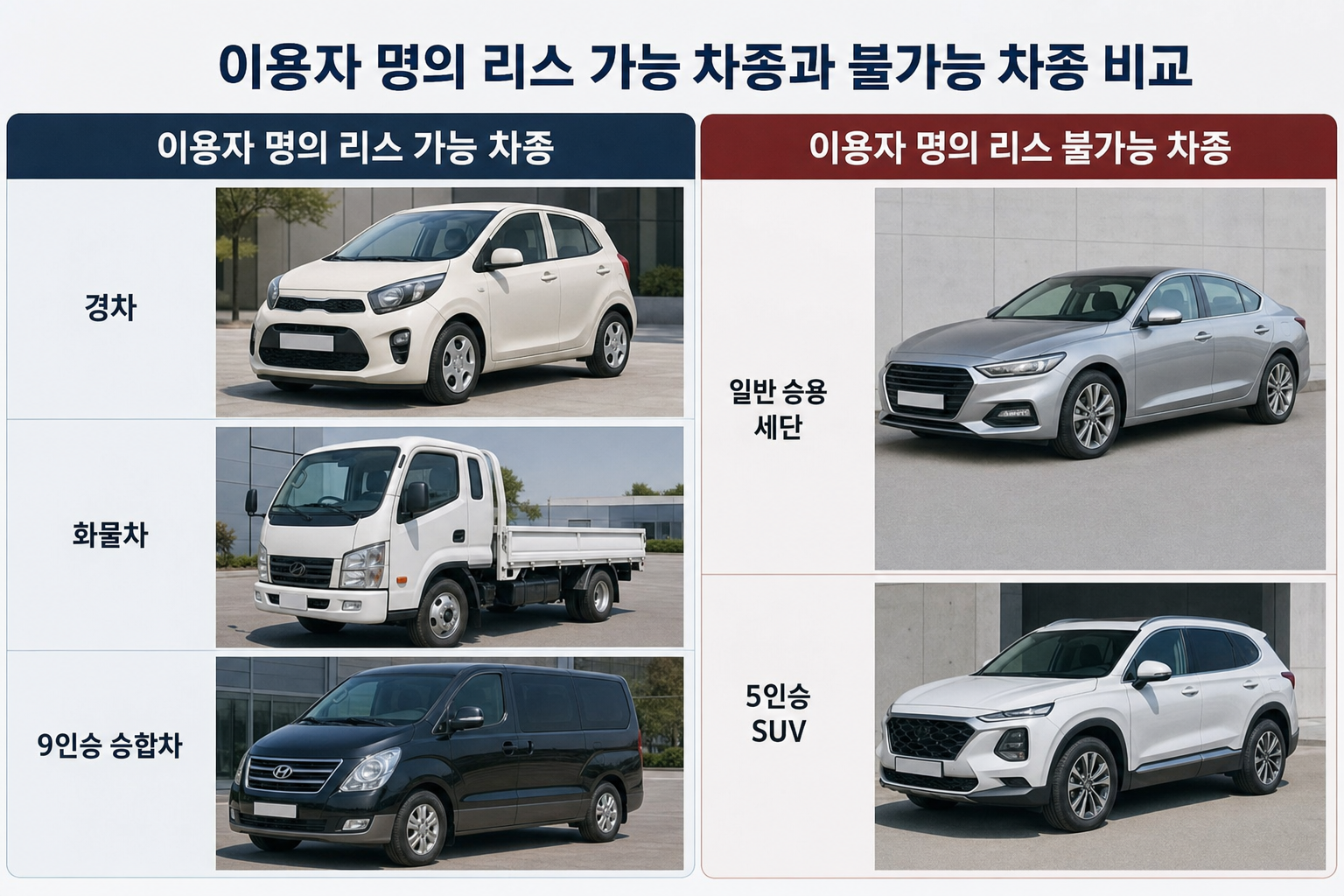 이용자 명의 리스가 가능한 차종(경차, 화물차, 9인승 승합차)과 불가능한 차종(일반 승용 세단, 5인승 SUV) 비교 도표