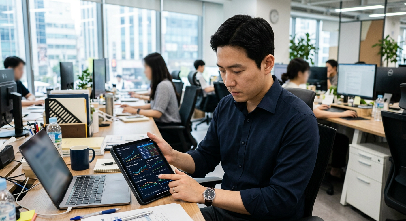 30대 남성 직장인이 태블릿 PC로 여러 캐피탈사의 금리와 월 납입금 변동 추이 그래프를 비교해 보는 모습