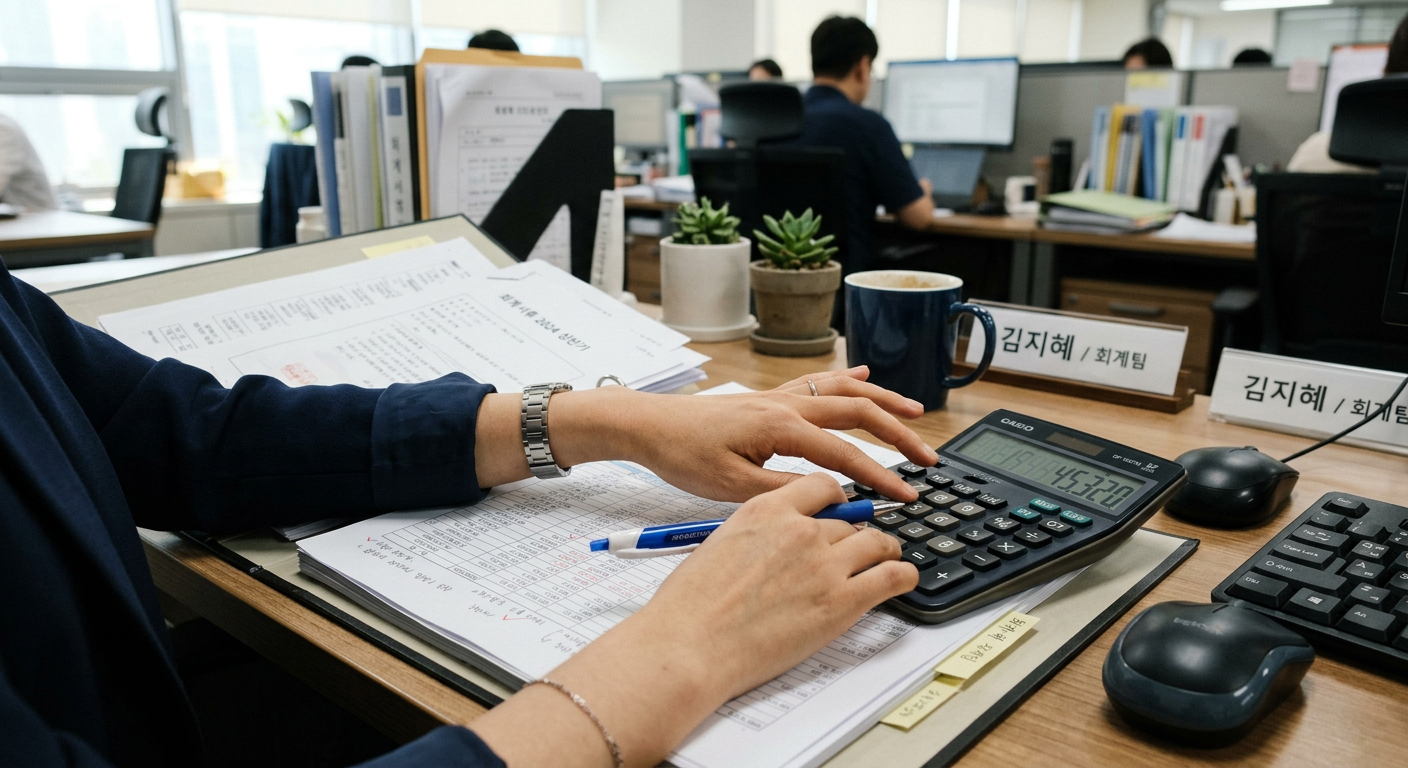 사무실 책상 위에서 계산기를 두드리며 서류를 검토하는 회계사의 손