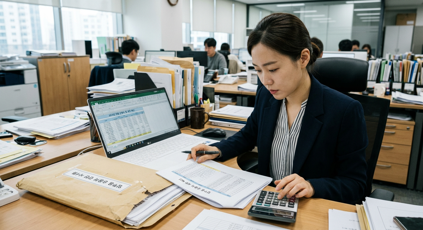 법인 회계 담당자가 서류 봉투와 노트북, 계산기를 활용해 업무용 승용차 관련 세무 예산을 검토하는 모습