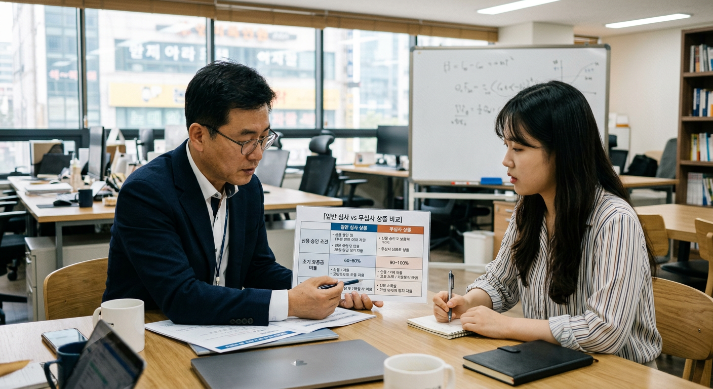 일반 심사 상품과 무심사 상품의 신용 승인 조건 및 초기 보증금 비율 비교 분석 도표