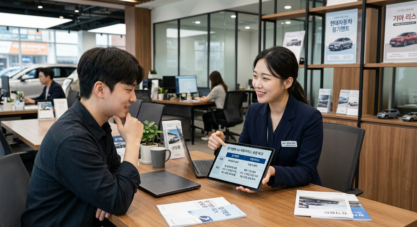 현대적인 대여업체 사무실에서 담당 직원이 태블릿 PC로 신차 장기렌트와 자동차리스의 보험 적용 방식 차이를 설명하는 도식