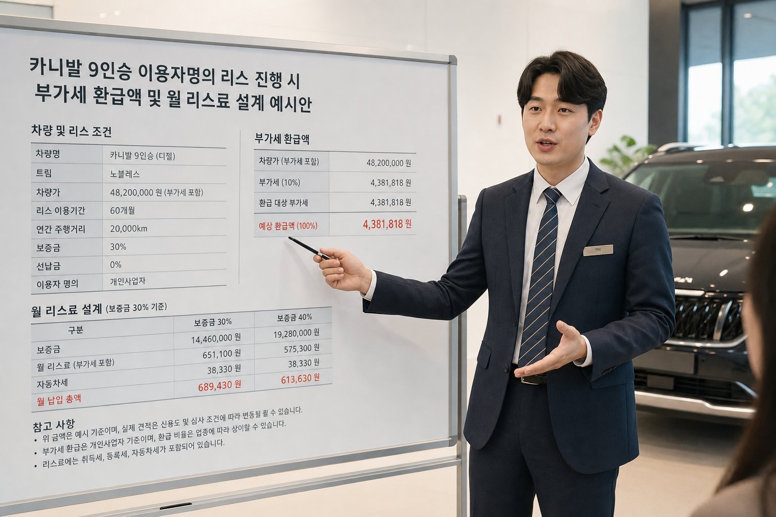 카니발 9인승 이용자명의 리스 진행 시 부가세 환급액 및 월 리스료 설계 예시안