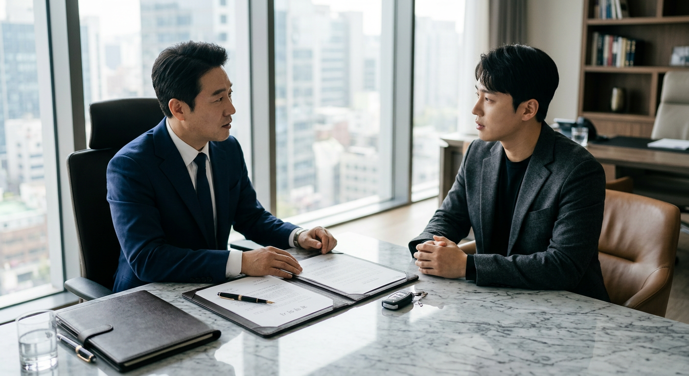 고급 계약서와 스마트키가 놓여 있는 세련된 대리석 책상 위의 비즈니스 상담 현장