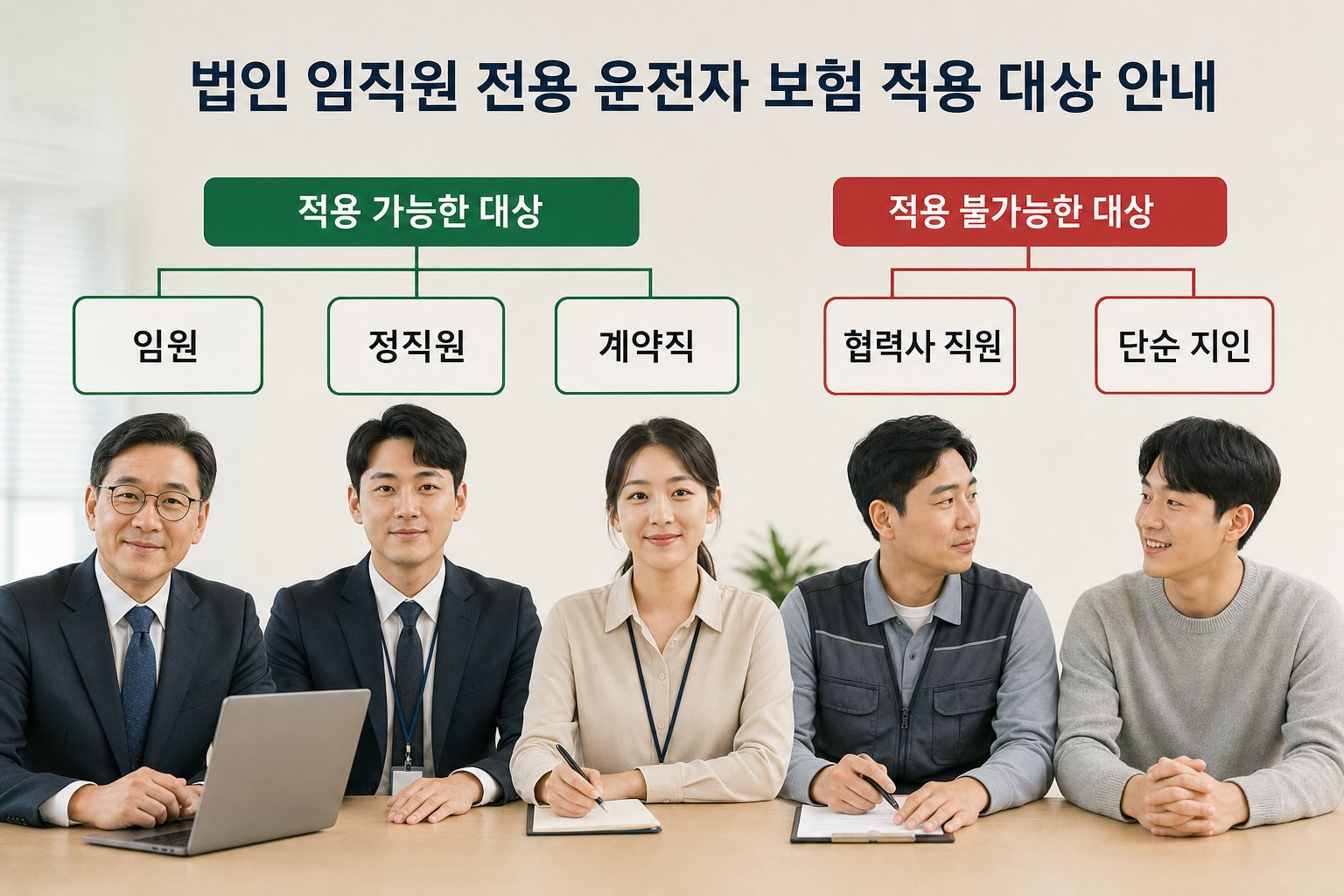 법인 임직원 전용 운전자 보험 적용이 가능한 대상(임원, 정직원, 계약직)과 불가능한 대상(협력사, 단순 지인)을 시각화한 구조도