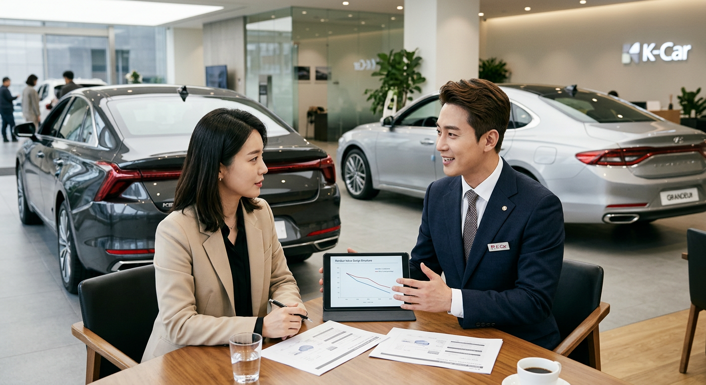 세련된 정장을 입은 카베이 카매니저가 고객에게 K8과 그랜저의 잔존가치 설계 구조를 친절하게 설명하는 모습