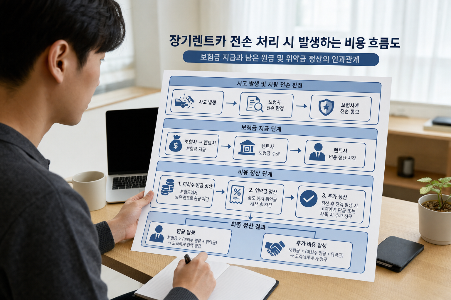 장기렌트카 전손 처리 시 발생하는 비용 흐름도, 보험금 지급과 남은 원금 및 위약금 정산의 인과관계
