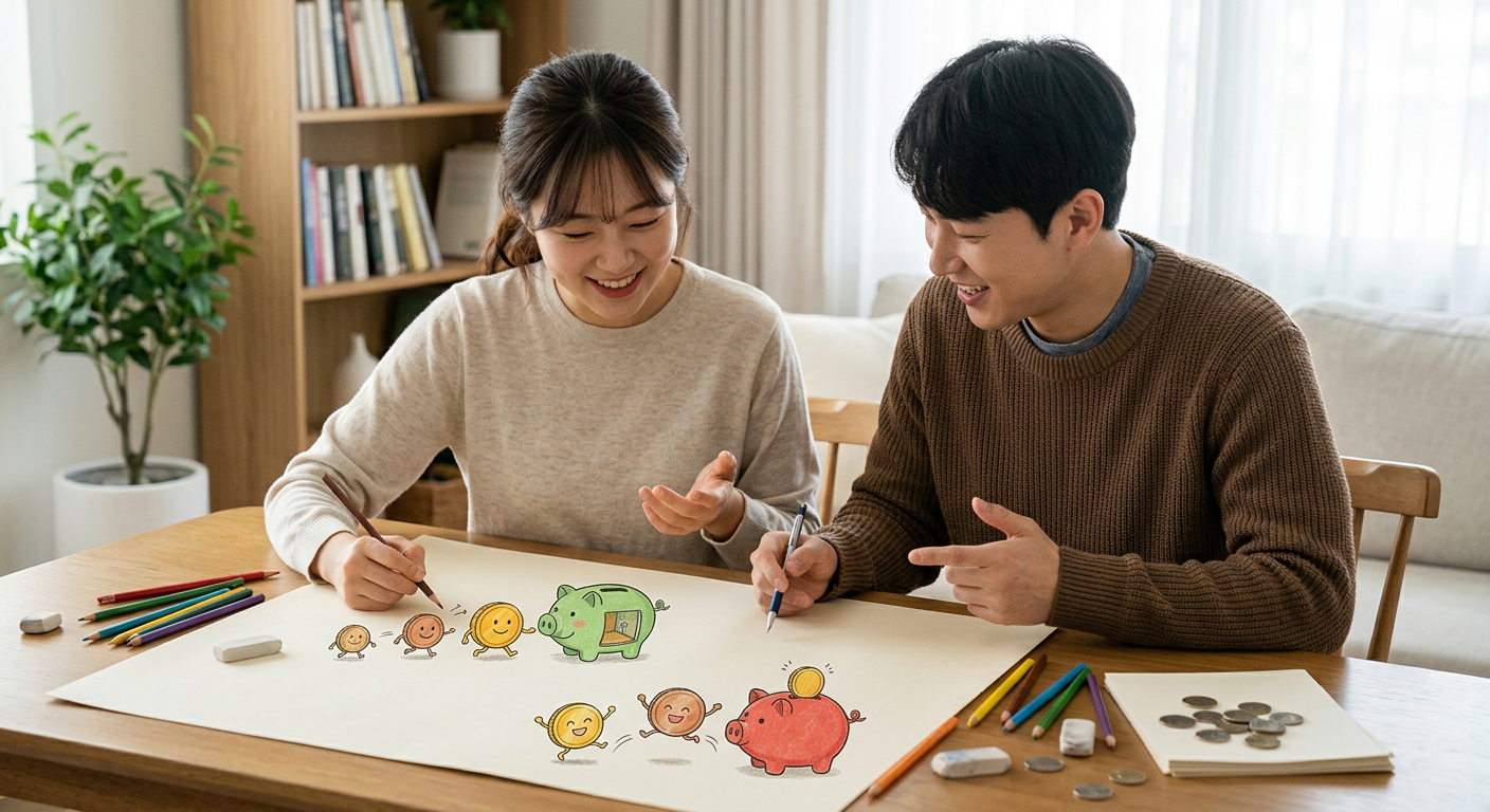 '선납금'과 '보증금'의 개념 차이를 동전과 저금통 캐릭터를 활용해 알기 쉽게 표현한 일러스트