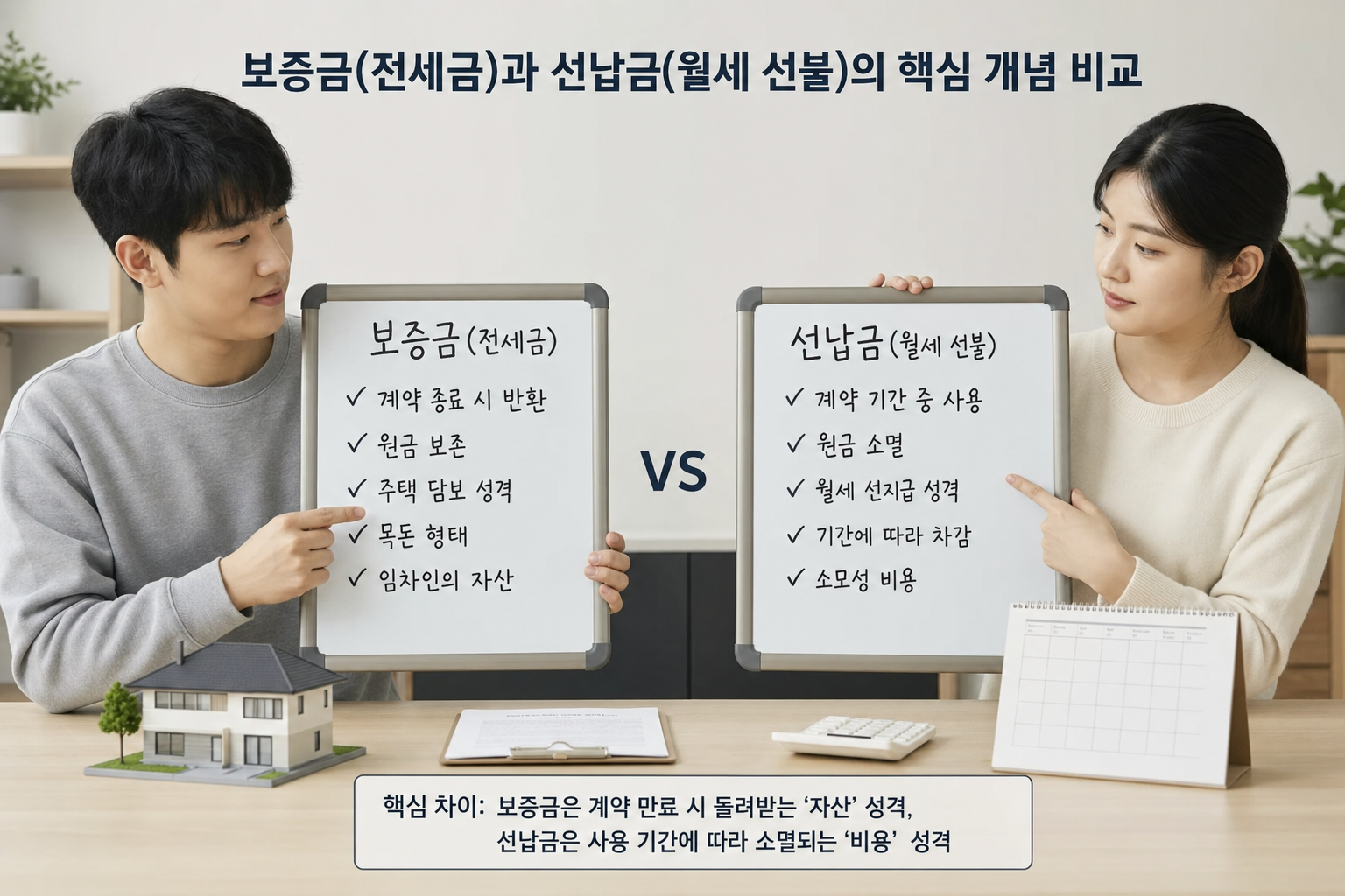 보증금(전세금 비유, 만기 반환)과 선납금(월세 선불 비유, 소멸성)의 핵심 개념 비교 구조도