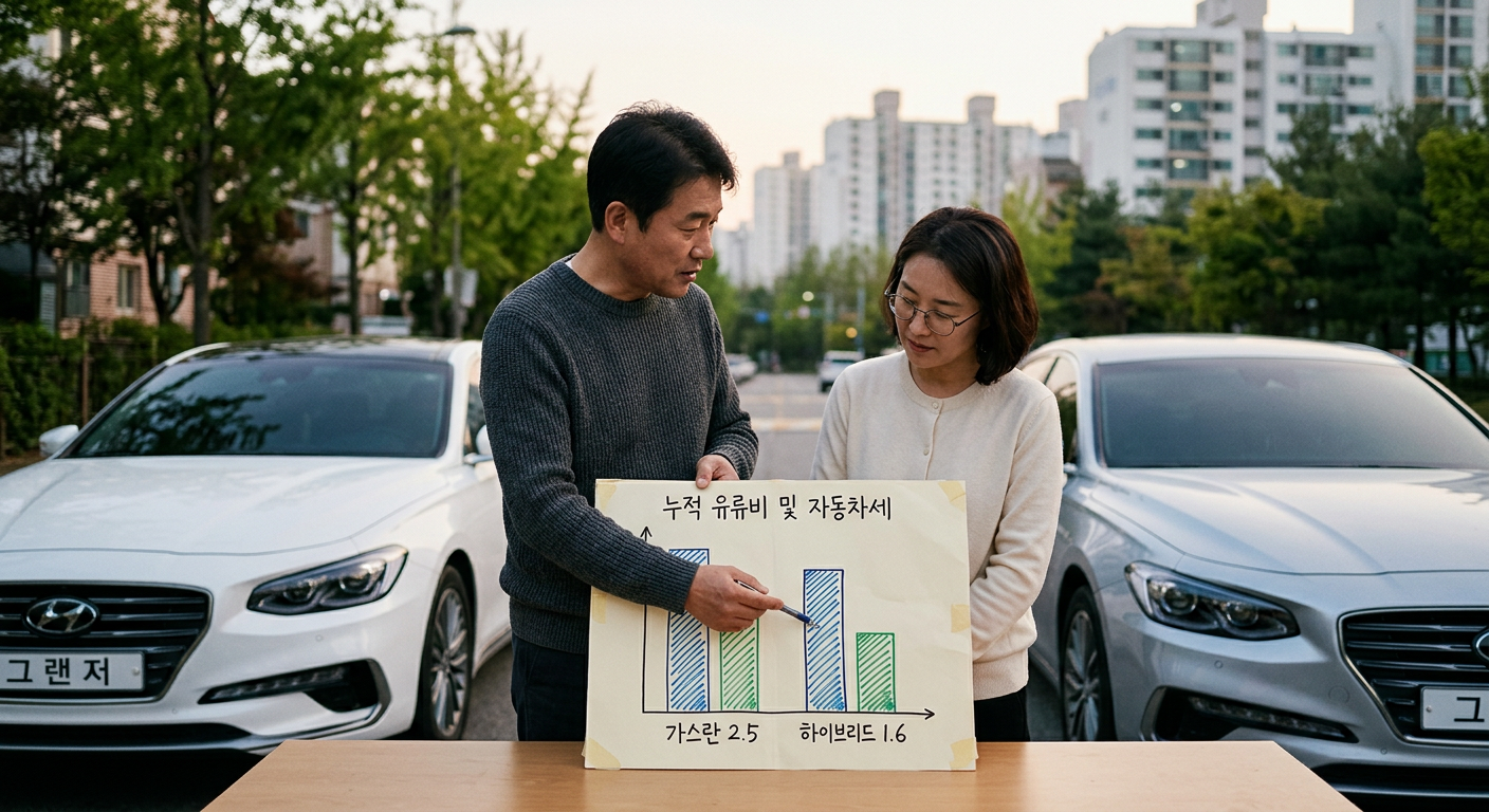 그랜저 가솔린 2.5와 하이브리드 1.6의 5년 누적 유류비 및 자동차세 절감액 비교 막대 그래프