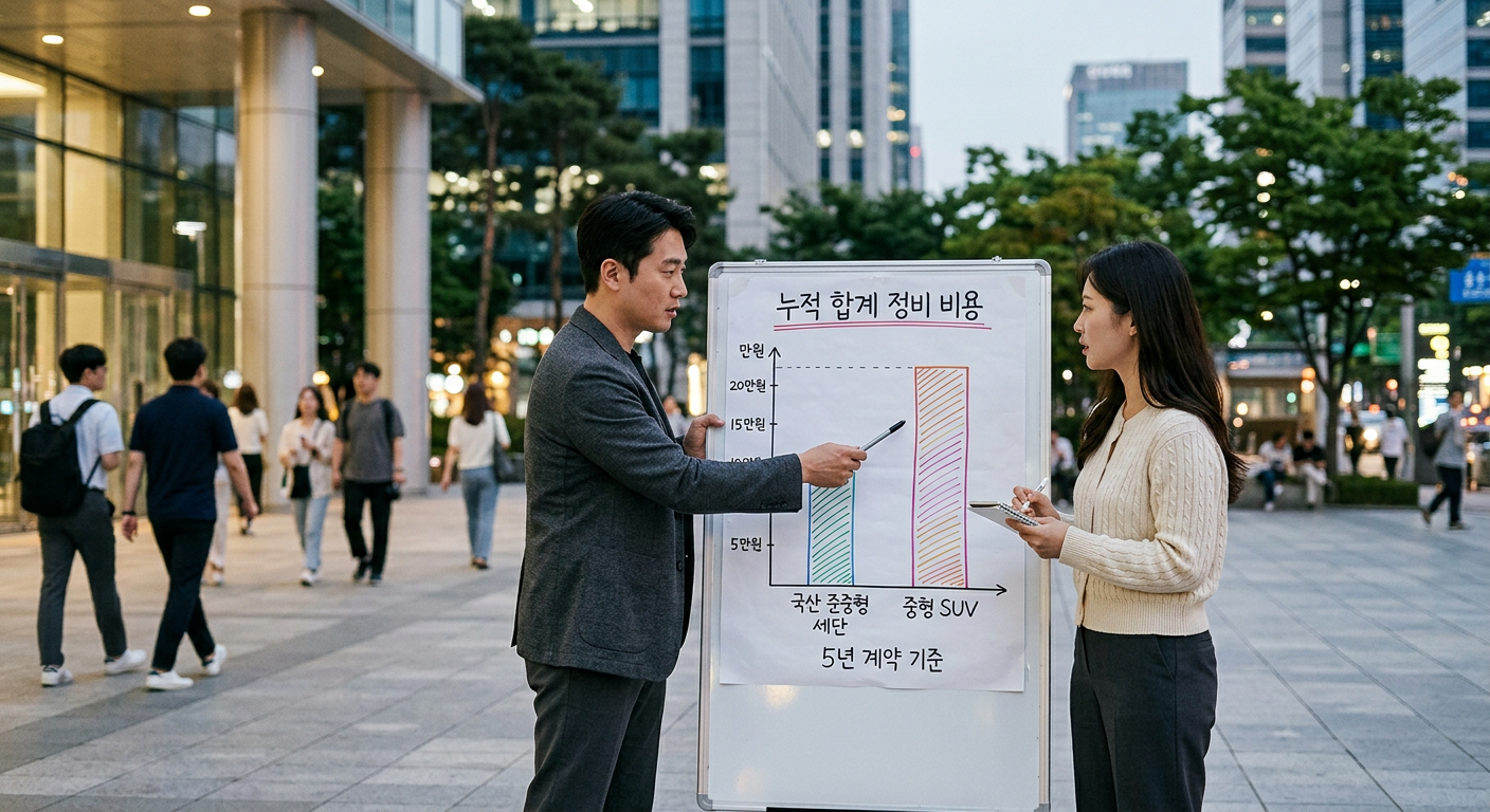 국산 준중형 세단과 중형 SUV의 5년 계약 기준 정비 옵션 추가금 누적 합계 비교 그래프