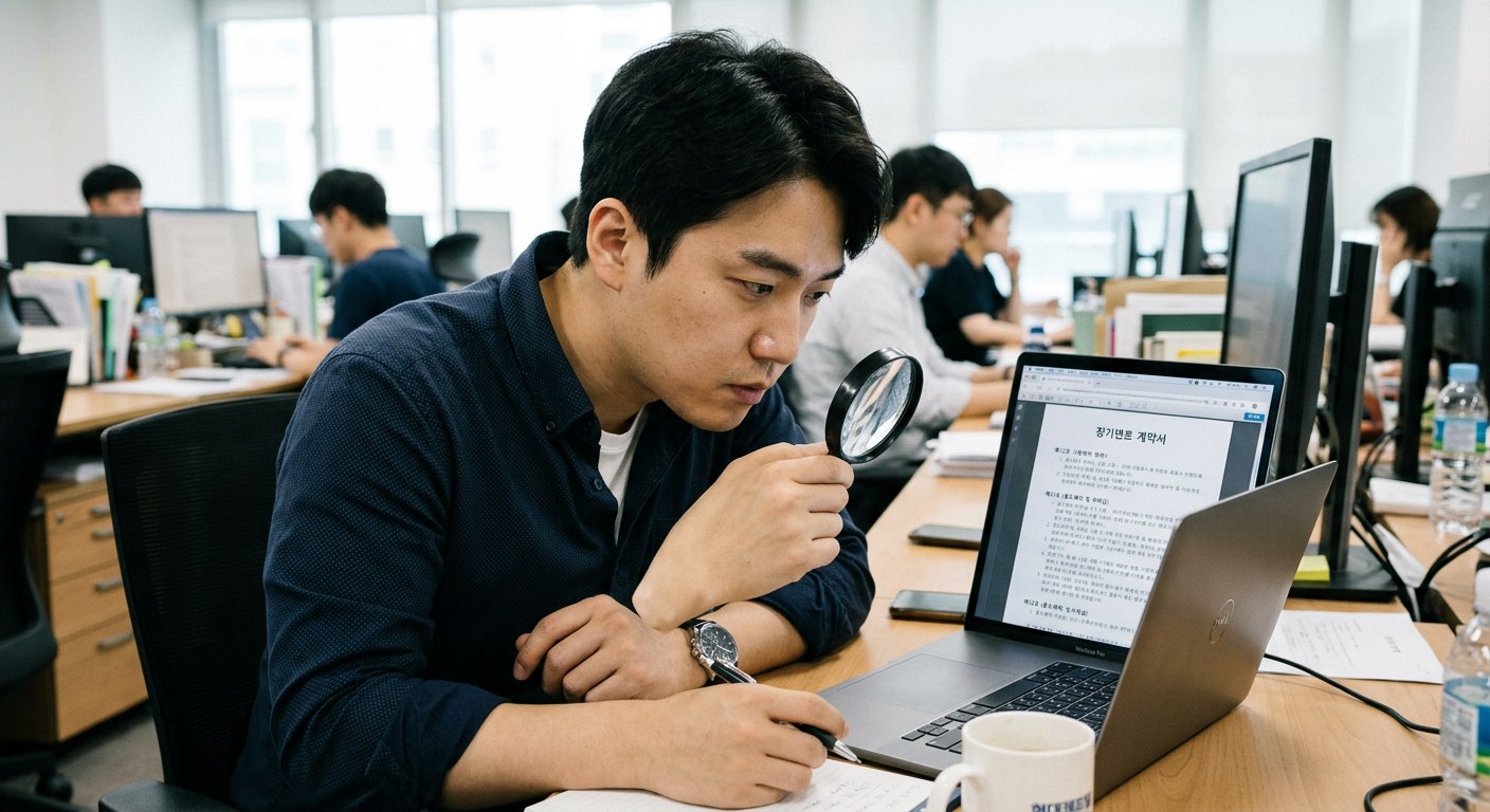 30대 남성 직장인이 노트북 화면으로 장기렌트 계약서의 중도해지 위약금 및 잔존가치 조항을 돋보기로 보듯 꼼꼼히 검토하는 장면