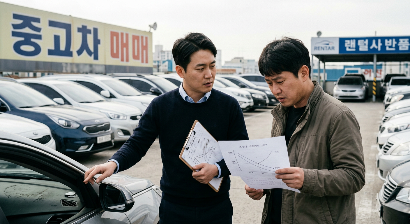 주행거리 증가에 따른 일반 중고차 매각 손실률과 장기렌트 반납 시 기회비용 대조 그래프