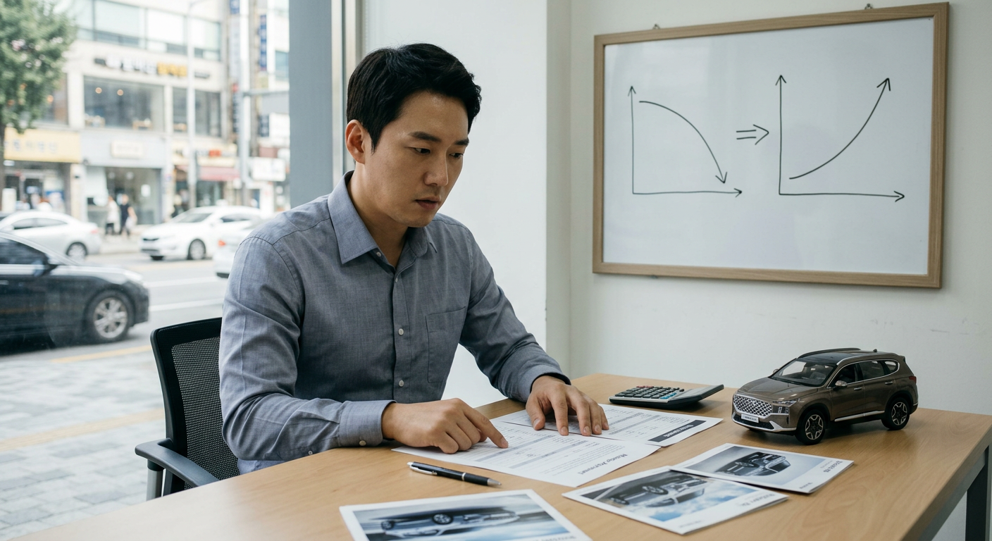약정 주행거리 상승에 따른 만기 잔존가치 하락 및 월 납입금 상승 구조의 인과관계 도식