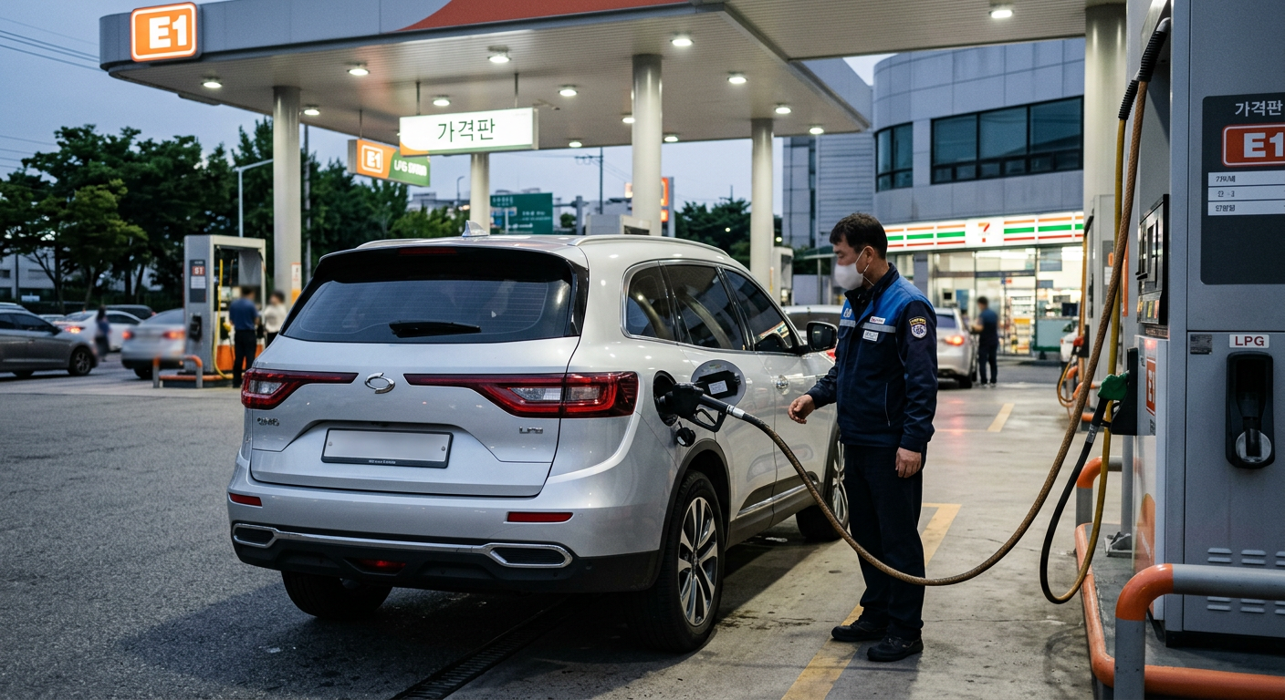 현대적인 주유소 LPG 충전소에서 충전 중인 르노 QM6 LPe, 세련된 실버 컬러의 차량 후면부 주행 준비 완료 모습