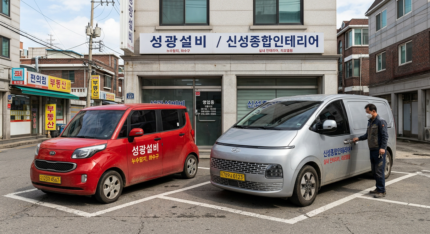 개인사업자 사무실 앞에 나란히 주차된 기아 레이와 현대 스타리아 업무용 차량