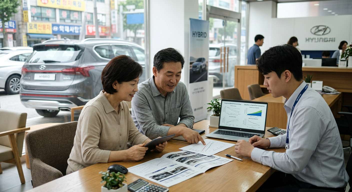 장기렌트 잔존가치 반영에 따른 월 납입금 설계 구조 및 가솔린 대비 하이브리드 연간 총 지출액 비교 차트