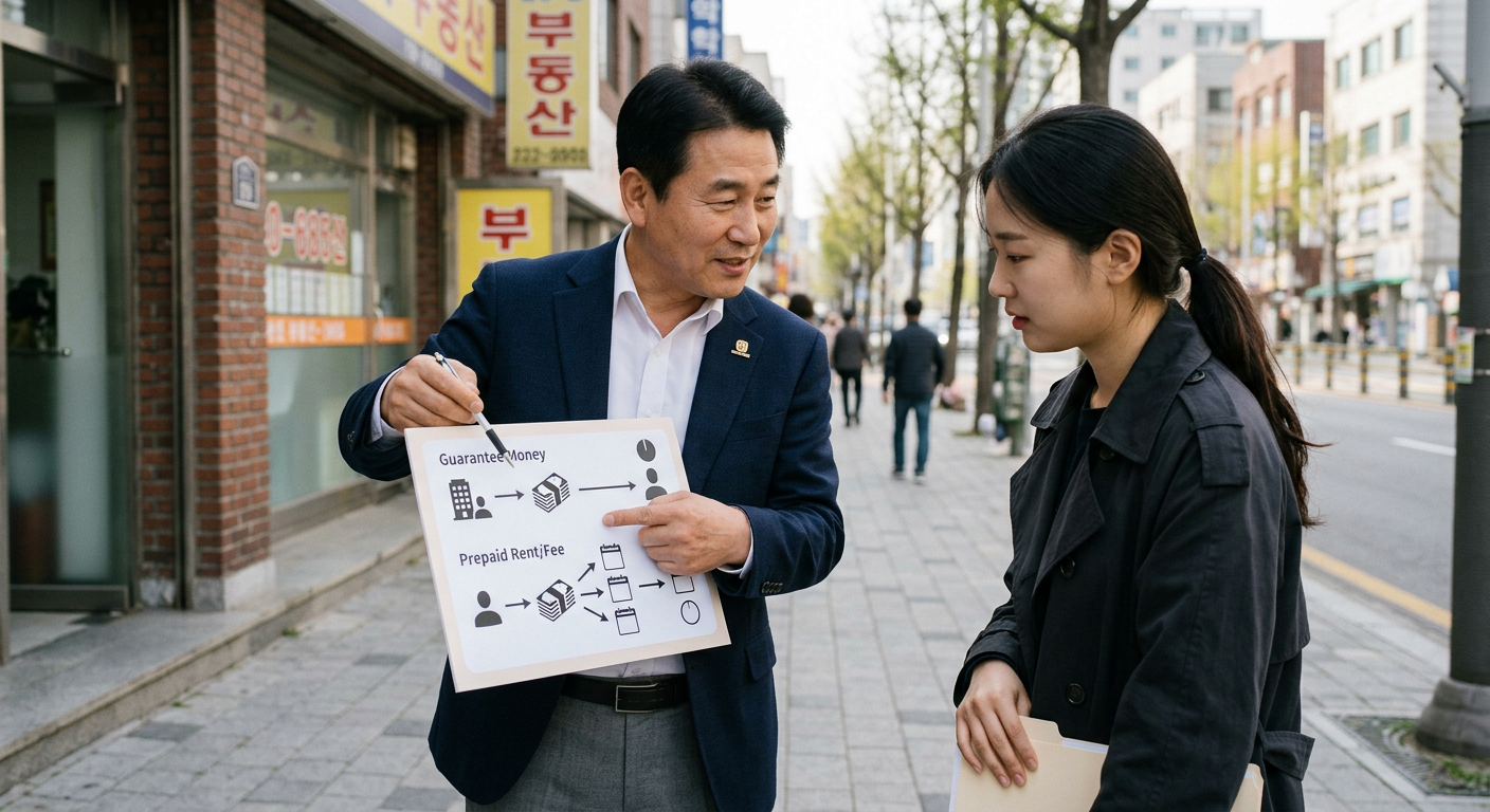 보증금의 '만기 전액 환급' 흐름도와 선납금의 '매월 차감 소멸' 흐름도를 대조한 깔끔한 일러스트 다이어그램