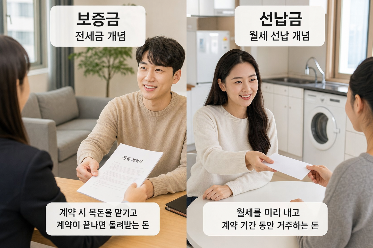 보증금의 전세금 개념과 선납금의 월세 선납 개념을 대조하여 직관적으로 표현한 일러스트