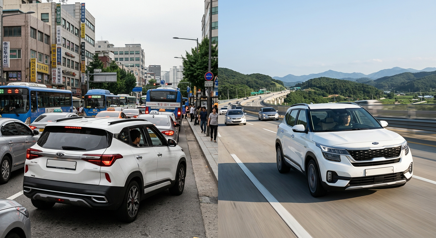 셀토스 1.6 가솔린 터보 모델의 도심 정체 구간 vs 고속도로 실제 연비 비교 막대그래프