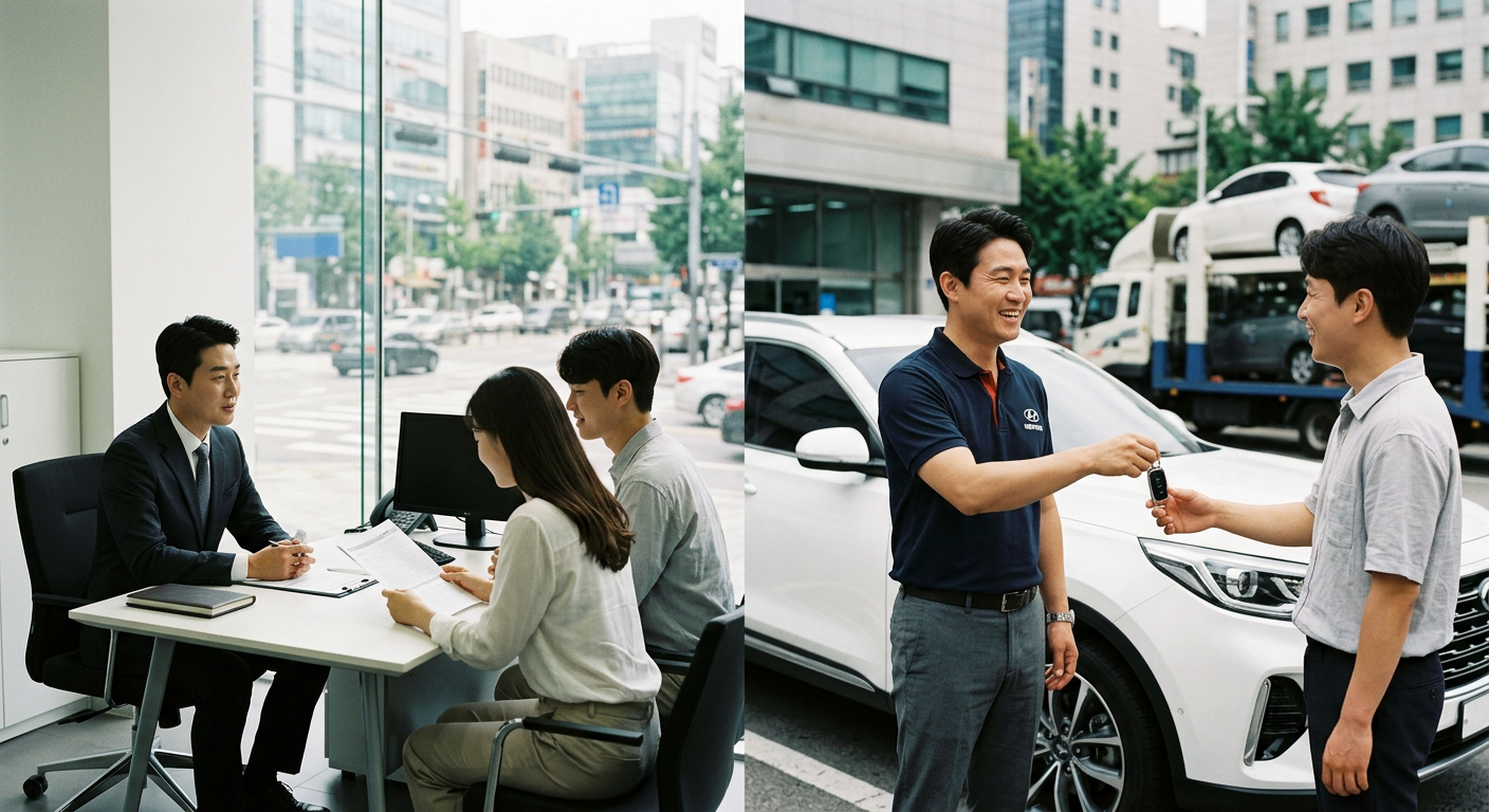 신차 대리점 발주(수개월 대기)와 장기렌트 즉시출고(7일 이내 즉시 인도)의 유통 경로 비교도