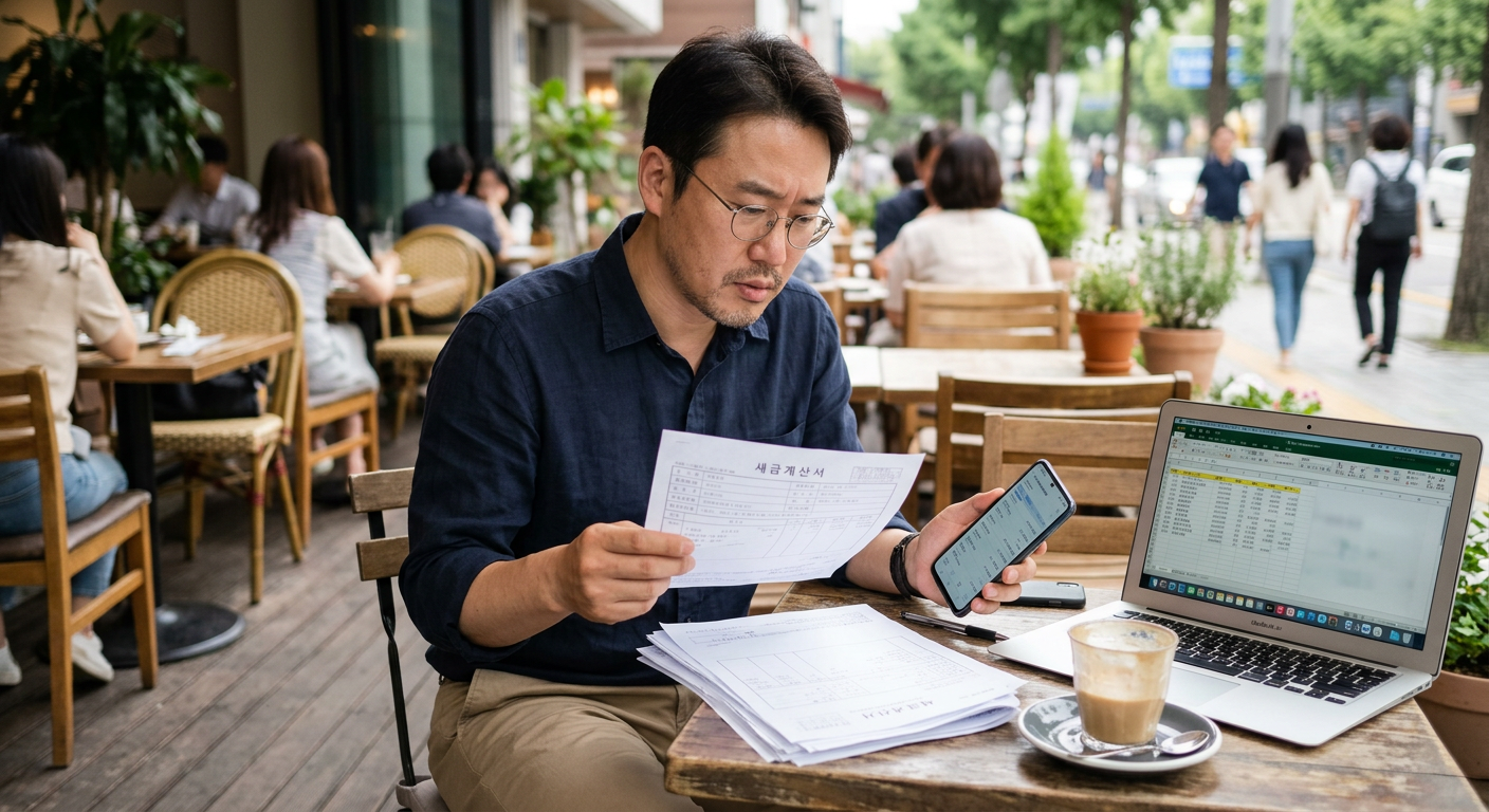 카페 테라스에서 스마트폰과 노트북으로 발행된 세금계산서 내역을 꼼꼼하게 검토하고 있는 40대 남성 개인사업자