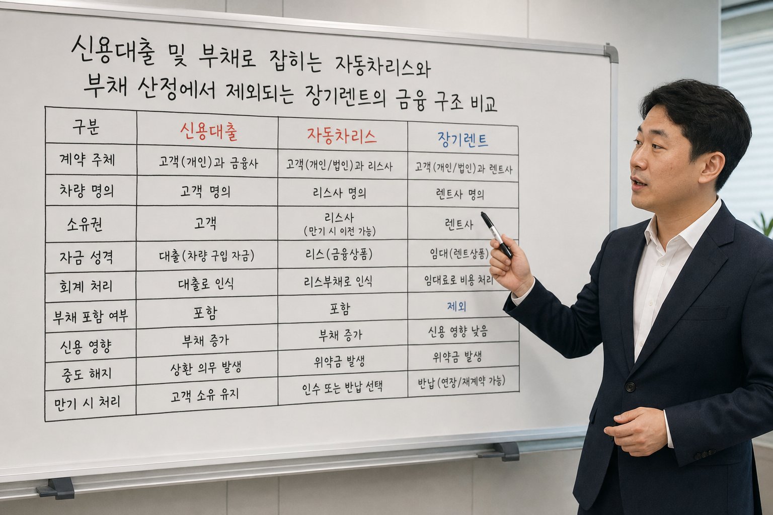 신용대출 및 부채로 잡히는 자동차리스와 부채 산정에서 제외되는 장기렌트의 금융 구조 비교 도식