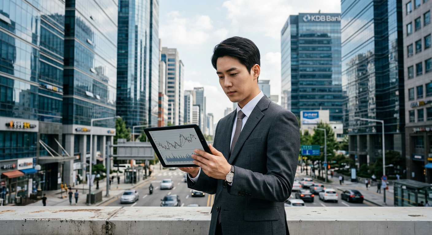 금융가 빌딩 숲을 배경으로, 정장을 입은 직장인이 태블릿 PC의 금리 변동 추이 그래프를 진지하게 살펴보는 장면